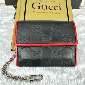 GUCCI black and red guccissima leather compact wallet keychain